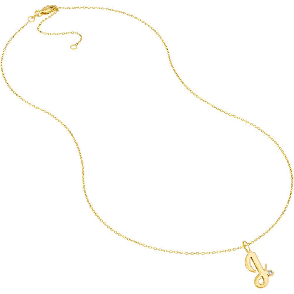 Olas d'Oro - 14K Yellow Gold Script 'J' Necklace with 1.7mm Diamond Bezel - 0.02 Carat Diamond Weight