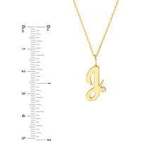 Olas d'Oro - 14K Yellow Gold Script 'J' Necklace with 1.7mm Diamond Bezel - 0.02 Carat Diamond Weight