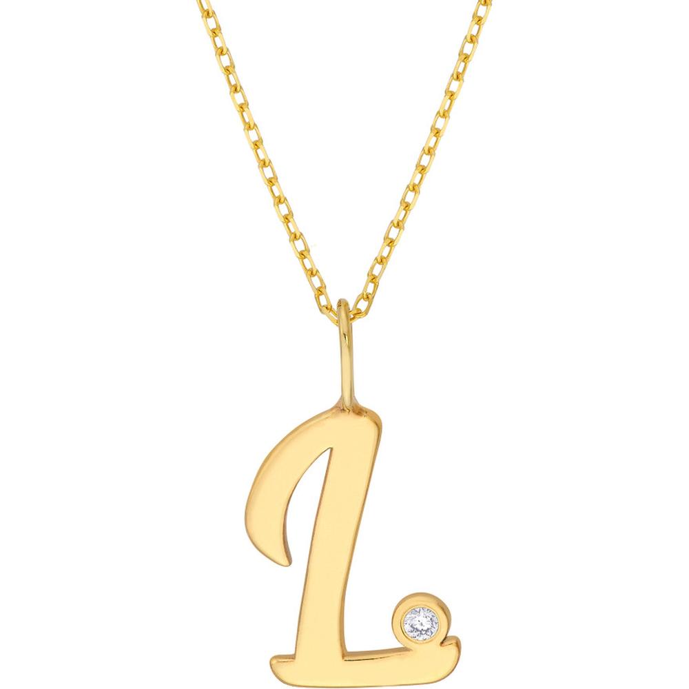 Olas d'Oro - 14K Yellow Gold Script 'L' Diamond Bezel Pendant Necklace - 0.02 Carat Total Diamond Weight