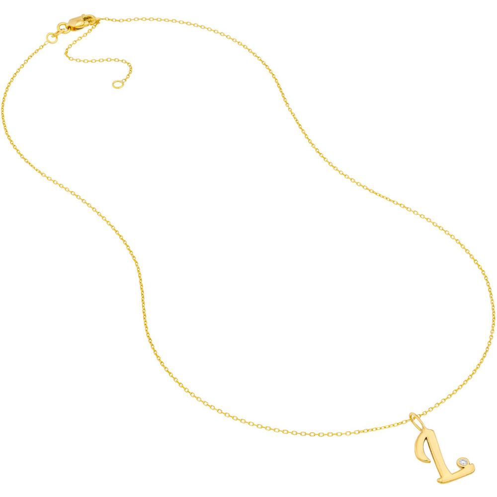 Olas d'Oro - 14K Yellow Gold Script 'L' Diamond Bezel Pendant Necklace - 0.02 Carat Total Diamond Weight
