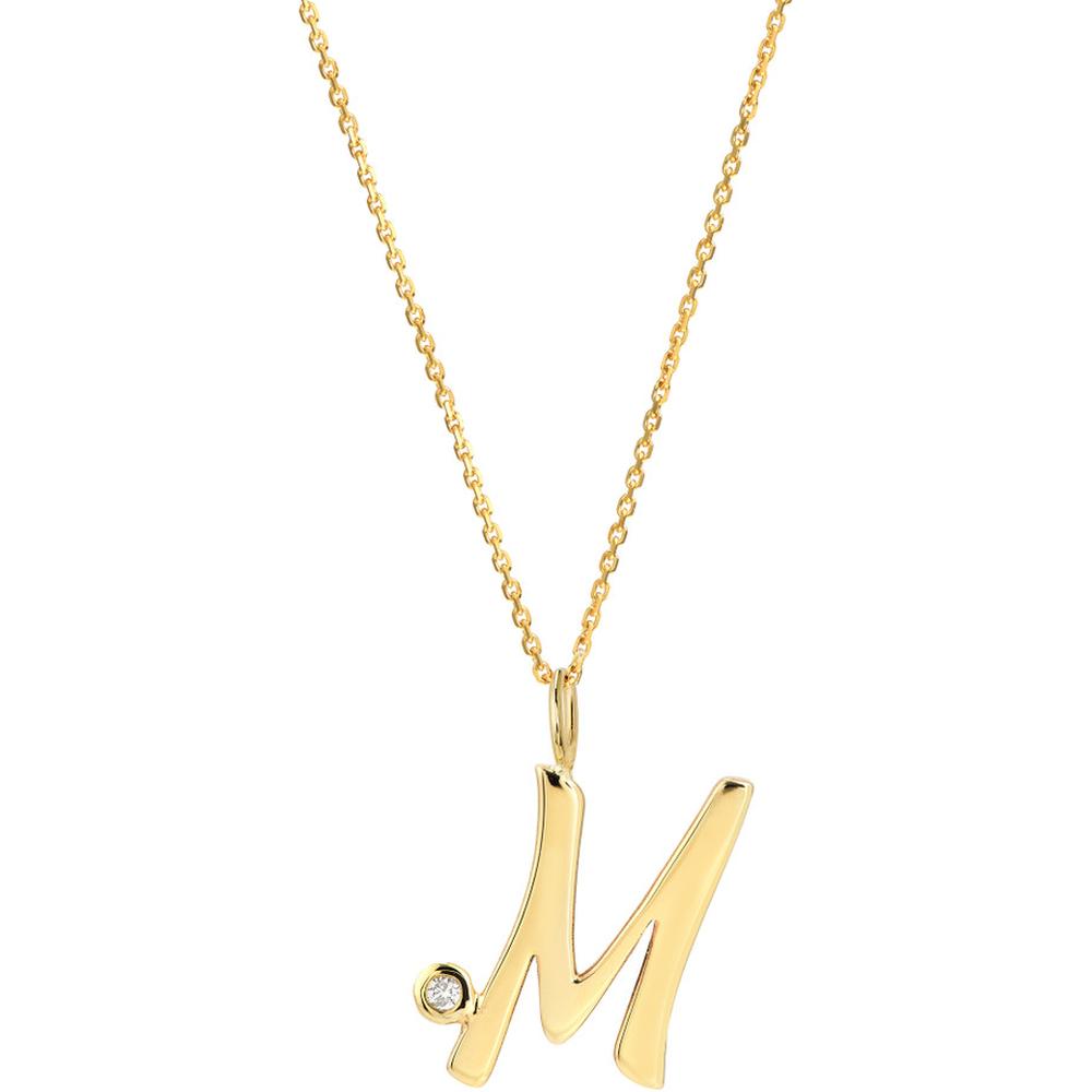 Olas d'Oro - 14K Yellow Gold Script 'M' Pendant Necklace with Diamond Bezel - 0.02 Carat Total Diamond Weight