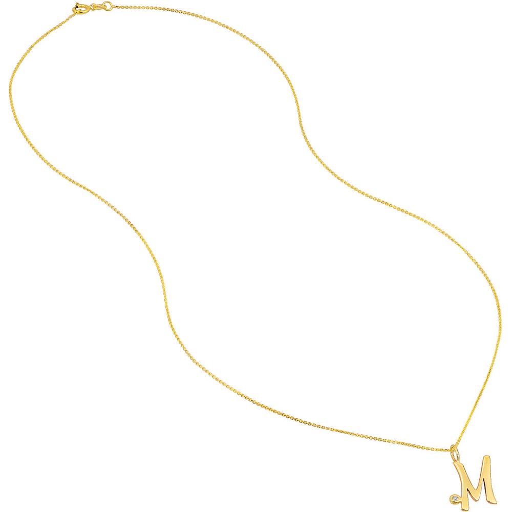 Olas d'Oro - 14K Yellow Gold Script 'M' Pendant Necklace with Diamond Bezel - 0.02 Carat Total Diamond Weight