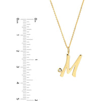 Olas d'Oro - 14K Yellow Gold Script 'M' Pendant Necklace with Diamond Bezel - 0.02 Carat Total Diamond Weight