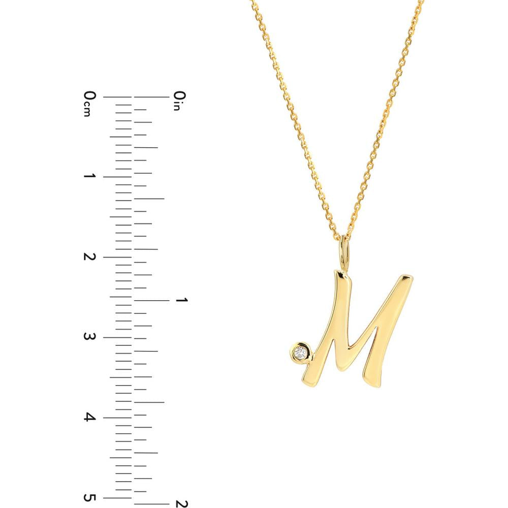Olas d'Oro - 14K Yellow Gold Script 'M' Pendant Necklace with Diamond Bezel - 0.02 Carat Total Diamond Weight