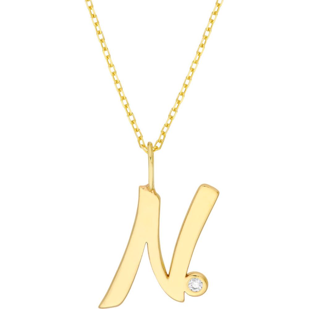 Olas d'Oro - 14K Yellow Gold Script 'N' Pendant Necklace with Diamond Bezel - 0.02 Carat Total Diamond Weight