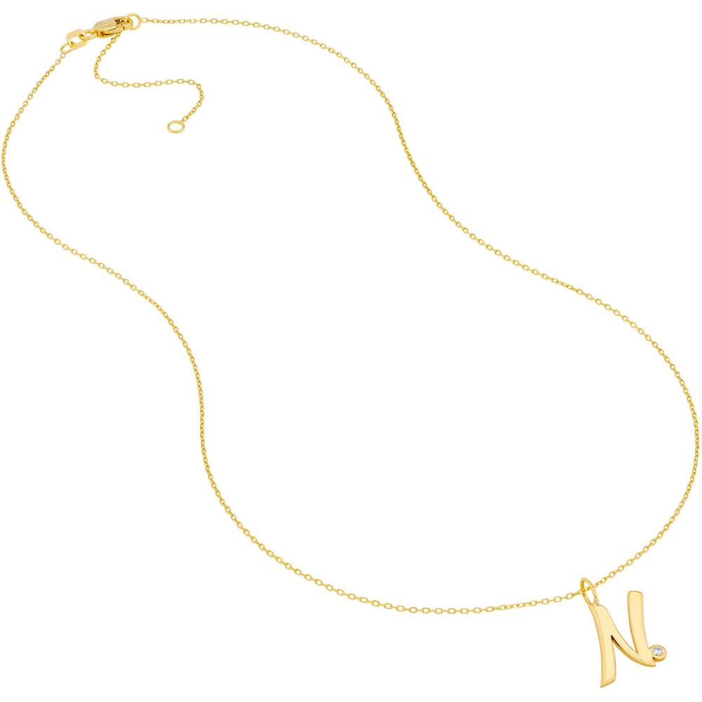 Olas d'Oro - 14K Yellow Gold Script 'N' Pendant Necklace with Diamond Bezel - 0.02 Carat Total Diamond Weight