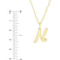 Olas d'Oro - 14K Yellow Gold Script 'N' Pendant Necklace with Diamond Bezel - 0.02 Carat Total Diamond Weight