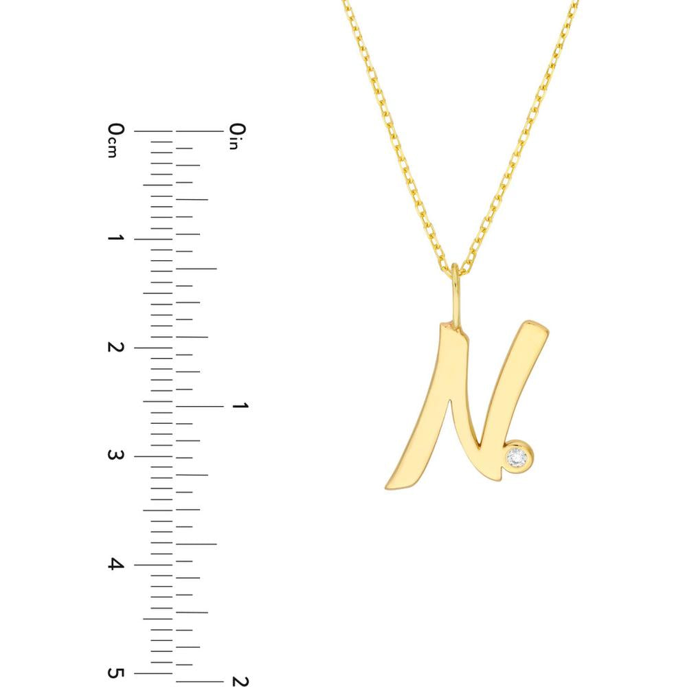 Olas d'Oro - 14K Yellow Gold Script 'N' Pendant Necklace with Diamond Bezel - 0.02 Carat Total Diamond Weight