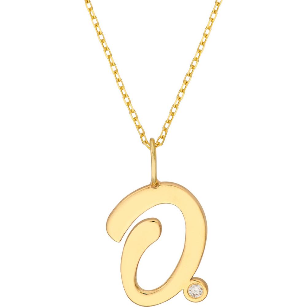 Olas d'Oro - 14K Yellow Gold Script 'O' Initial Necklace with Diamond Bezel - 0.02 Carat Total Diamond Weight