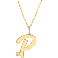 Olas d'Oro - 14K Yellow Gold Script 'P' Pendant Necklace with Diamond Bezel - 0.02 Carat Total Diamond Weight