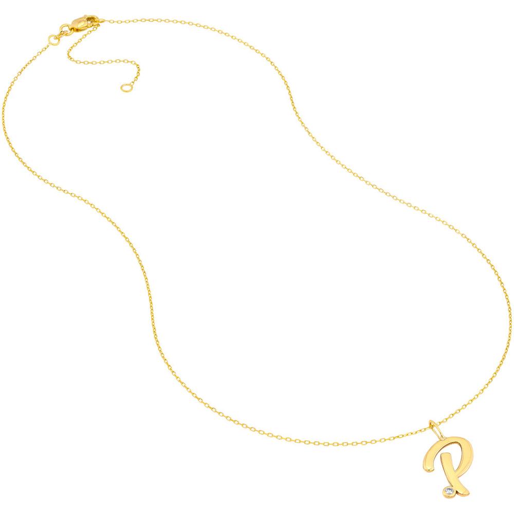Olas d'Oro - 14K Yellow Gold Script 'P' Pendant Necklace with Diamond Bezel - 0.02 Carat Total Diamond Weight