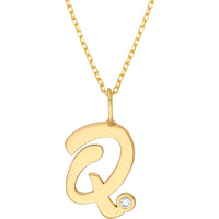 Olas d'Oro - 14K Yellow Gold Script 'Q' Pendant Necklace with Diamond Bezel - 0.02 Carat Total Diamond Weight