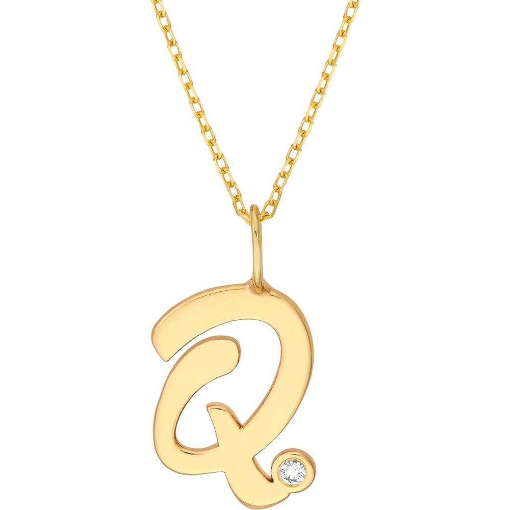 Olas d'Oro - 14K Yellow Gold Script 'Q' Pendant Necklace with Diamond Bezel - 0.02 Carat Total Diamond Weight
