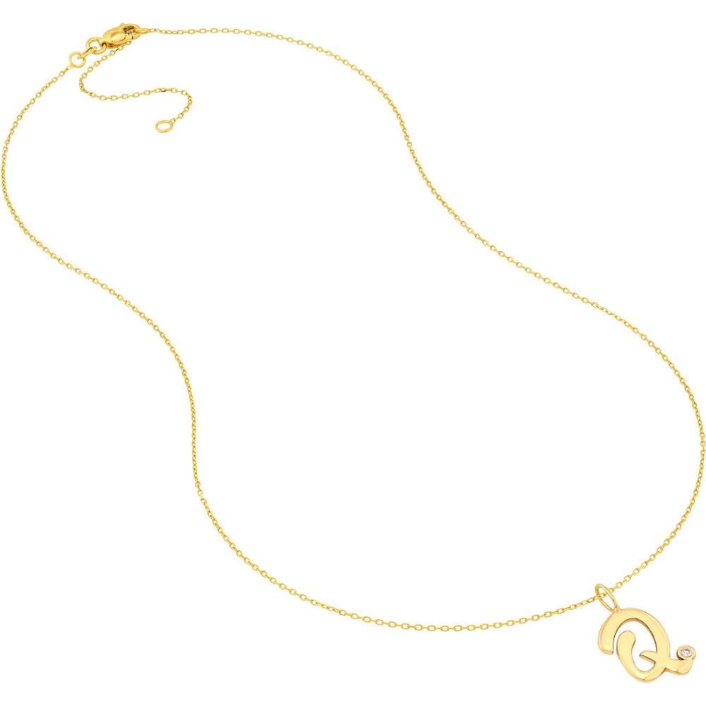Olas d'Oro - 14K Yellow Gold Script 'Q' Pendant Necklace with Diamond Bezel - 0.02 Carat Total Diamond Weight