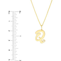 Olas d'Oro - 14K Yellow Gold Script 'Q' Pendant Necklace with Diamond Bezel - 0.02 Carat Total Diamond Weight