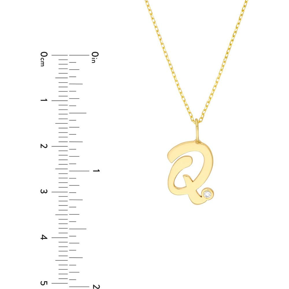 Olas d'Oro - 14K Yellow Gold Script 'Q' Pendant Necklace with Diamond Bezel - 0.02 Carat Total Diamond Weight
