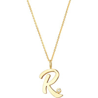Olas d'Oro - 14K Yellow Gold Script 'R' Diamond Bezel Pendant Necklace with Adjustable Chain - 0.02 Carat Diamond Total Weight