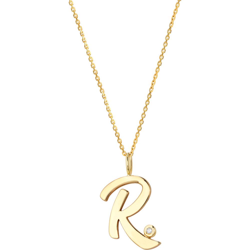 Olas d'Oro - 14K Yellow Gold Script 'R' Diamond Bezel Pendant Necklace with Adjustable Chain - 0.02 Carat Diamond Total Weight