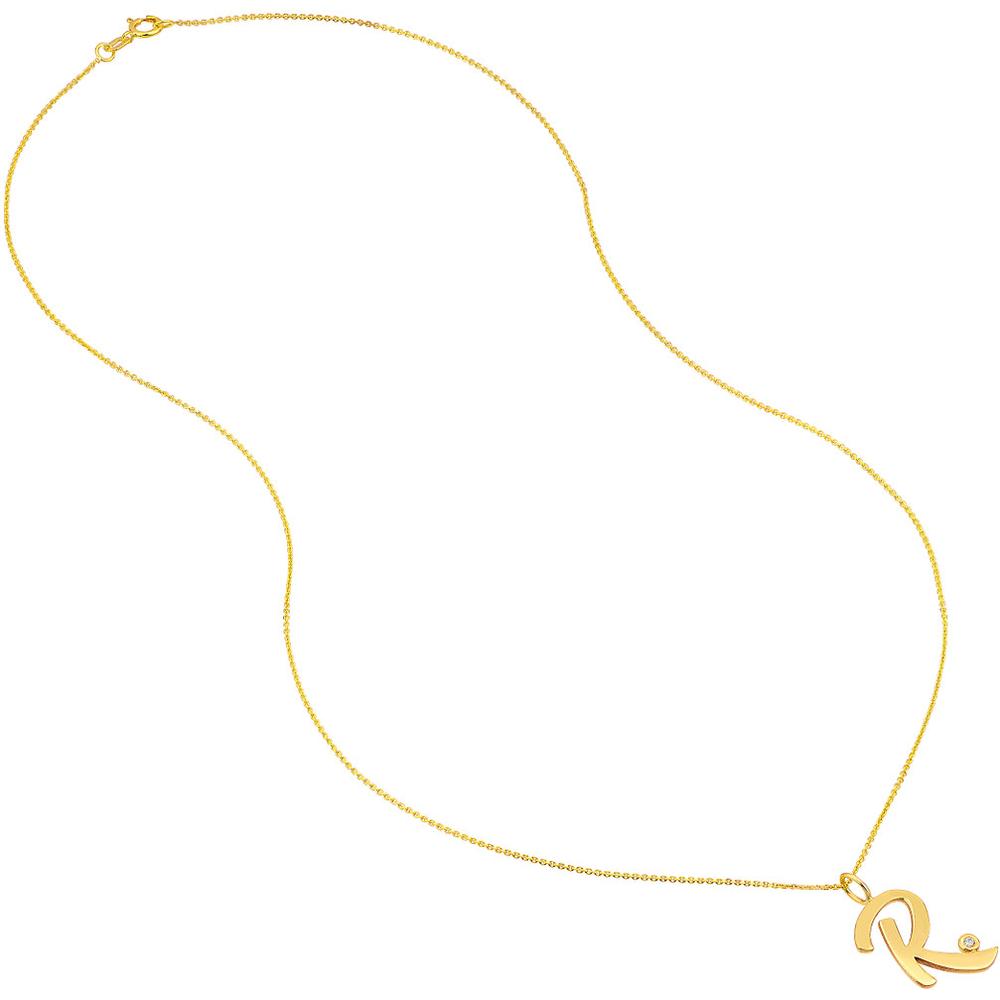 Olas d'Oro - 14K Yellow Gold Script 'R' Diamond Bezel Pendant Necklace with Adjustable Chain - 0.02 Carat Diamond Total Weight