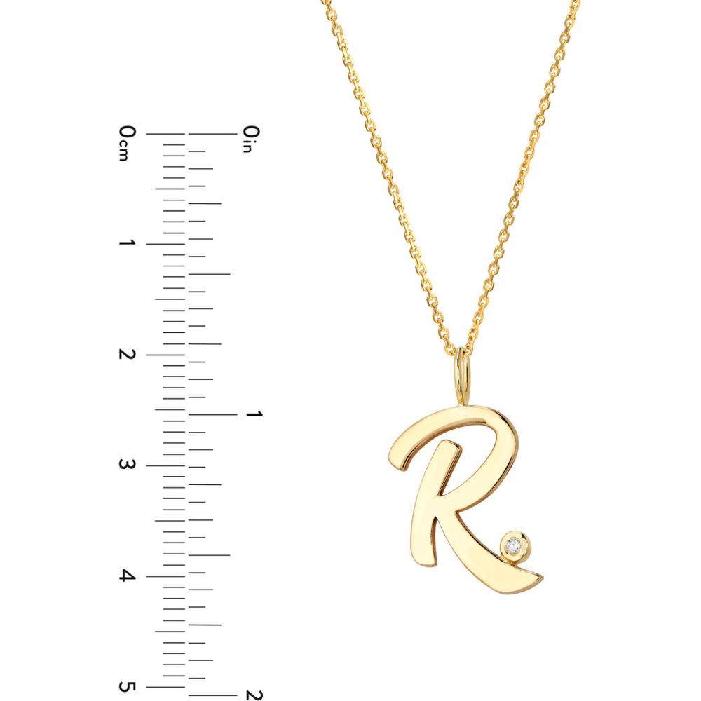 Olas d'Oro - 14K Yellow Gold Script 'R' Diamond Bezel Pendant Necklace with Adjustable Chain - 0.02 Carat Diamond Total Weight