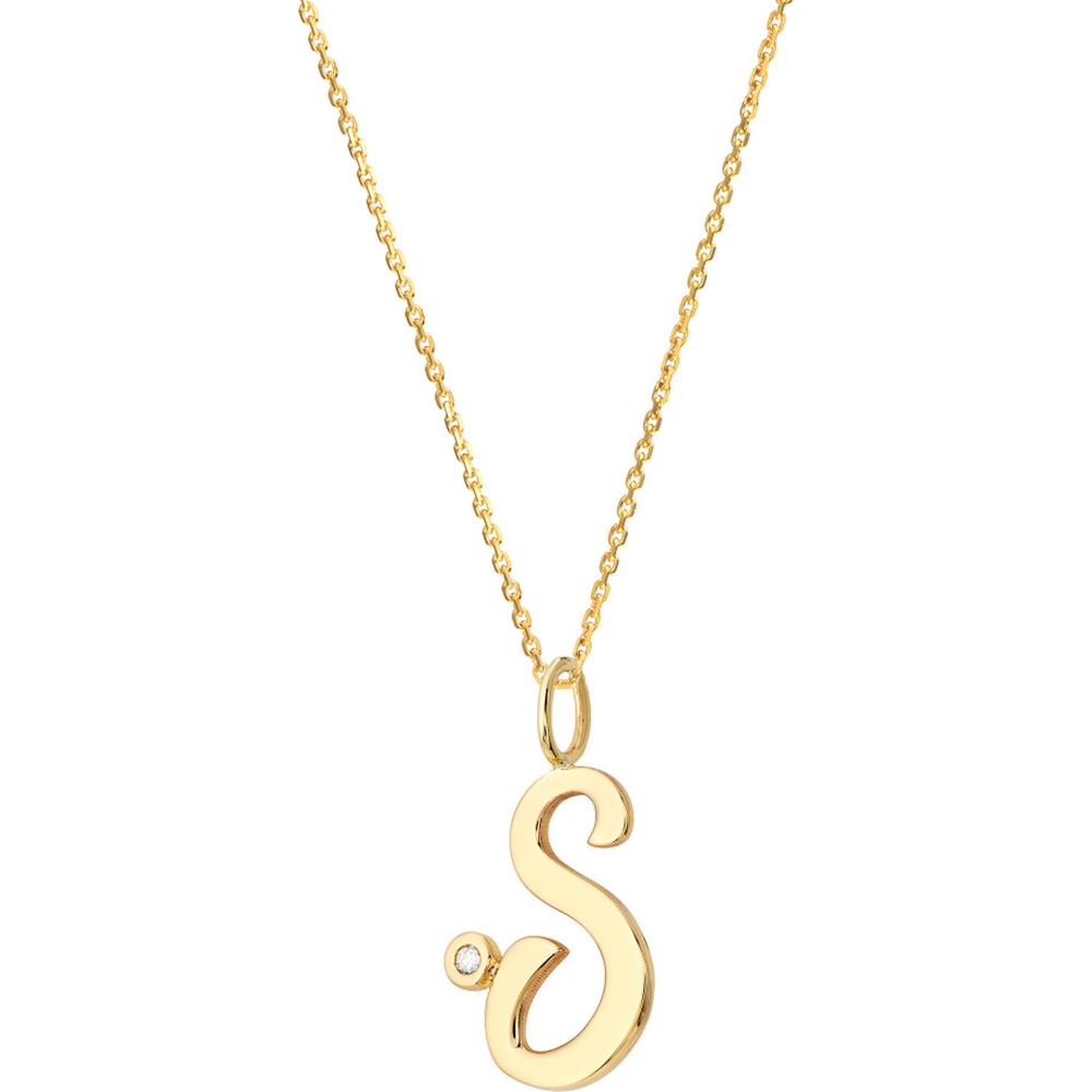 Olas d'Oro - 14K Yellow Gold Script 'S' Pendant Necklace with Diamond Bezel - 0.02 Carat Total Diamond Weight
