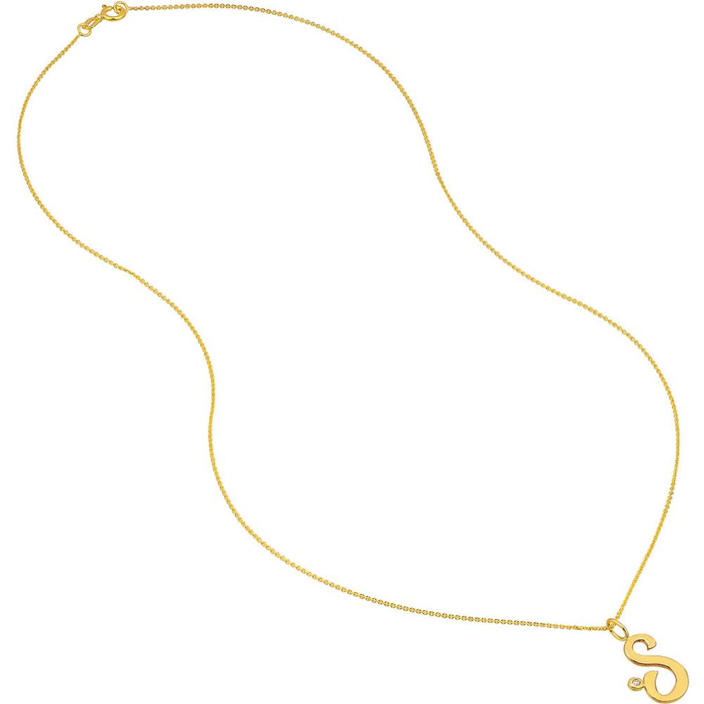 Olas d'Oro - 14K Yellow Gold Script 'S' Pendant Necklace with Diamond Bezel - 0.02 Carat Total Diamond Weight