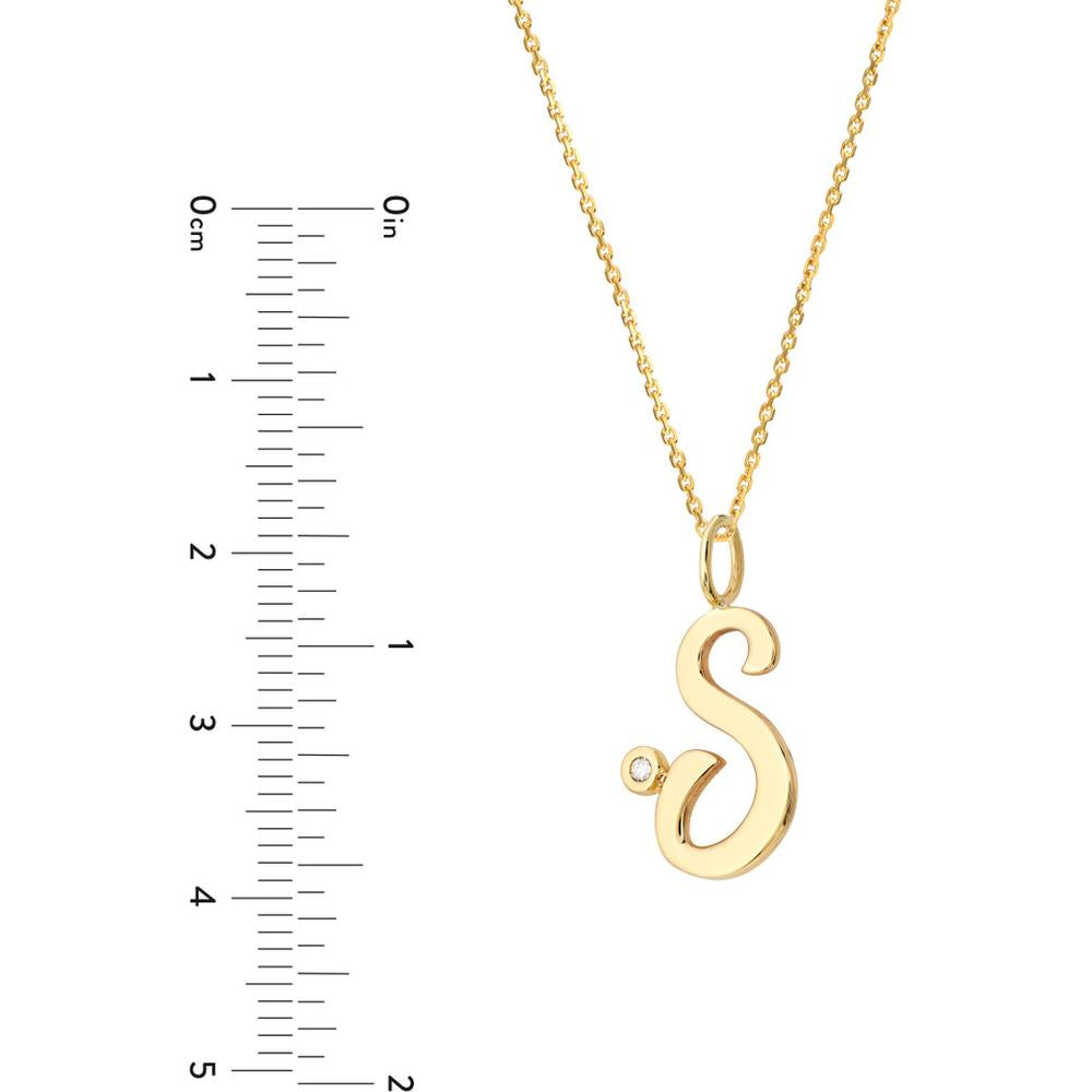 Olas d'Oro - 14K Yellow Gold Script 'S' Pendant Necklace with Diamond Bezel - 0.02 Carat Total Diamond Weight
