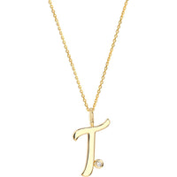 Olas d'Oro - 14K Yellow Gold Script 'T' Pendant Necklace with Diamond Bezel - 0.02 Carat Total Diamond Weight