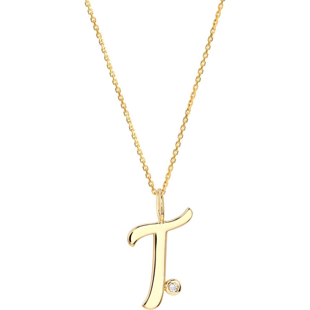 Olas d'Oro - 14K Yellow Gold Script 'T' Pendant Necklace with Diamond Bezel - 0.02 Carat Total Diamond Weight