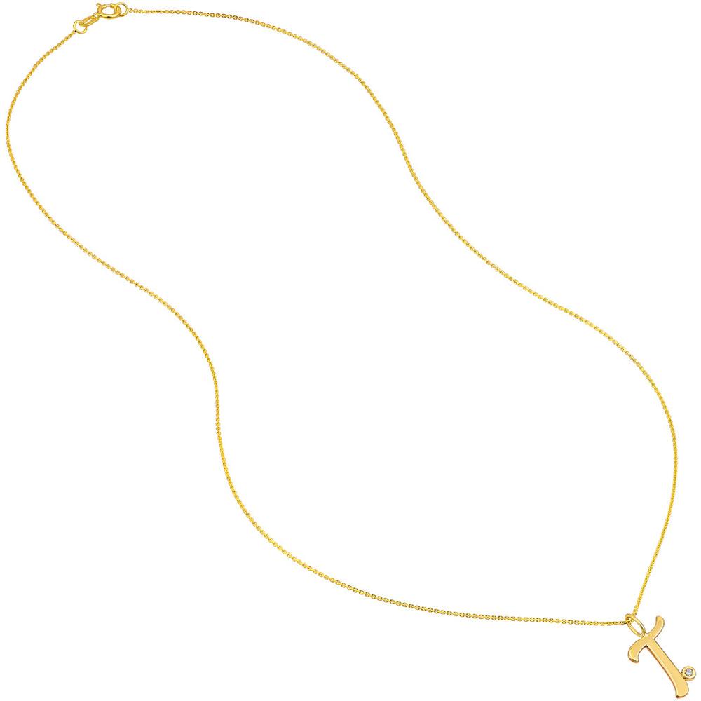 Olas d'Oro - 14K Yellow Gold Script 'T' Pendant Necklace with Diamond Bezel - 0.02 Carat Total Diamond Weight