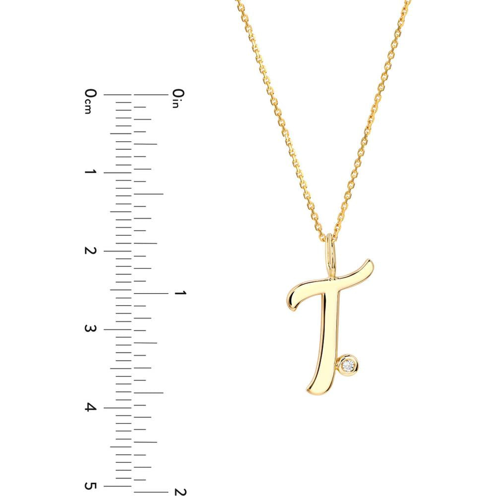 Olas d'Oro - 14K Yellow Gold Script 'T' Pendant Necklace with Diamond Bezel - 0.02 Carat Total Diamond Weight