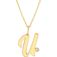Olas d'Oro - 14K Yellow Gold Script 'U' Necklace with 1.7mm Diamond Bezel - 0.02 Carat Total Diamond Weight