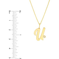 Olas d'Oro - 14K Yellow Gold Script 'U' Necklace with 1.7mm Diamond Bezel - 0.02 Carat Total Diamond Weight