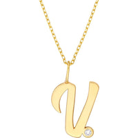 Olas d'Oro - 14K Yellow Gold Script 'V' Diamond Bezel Pendant Necklace - 0.02 Carat Diamond