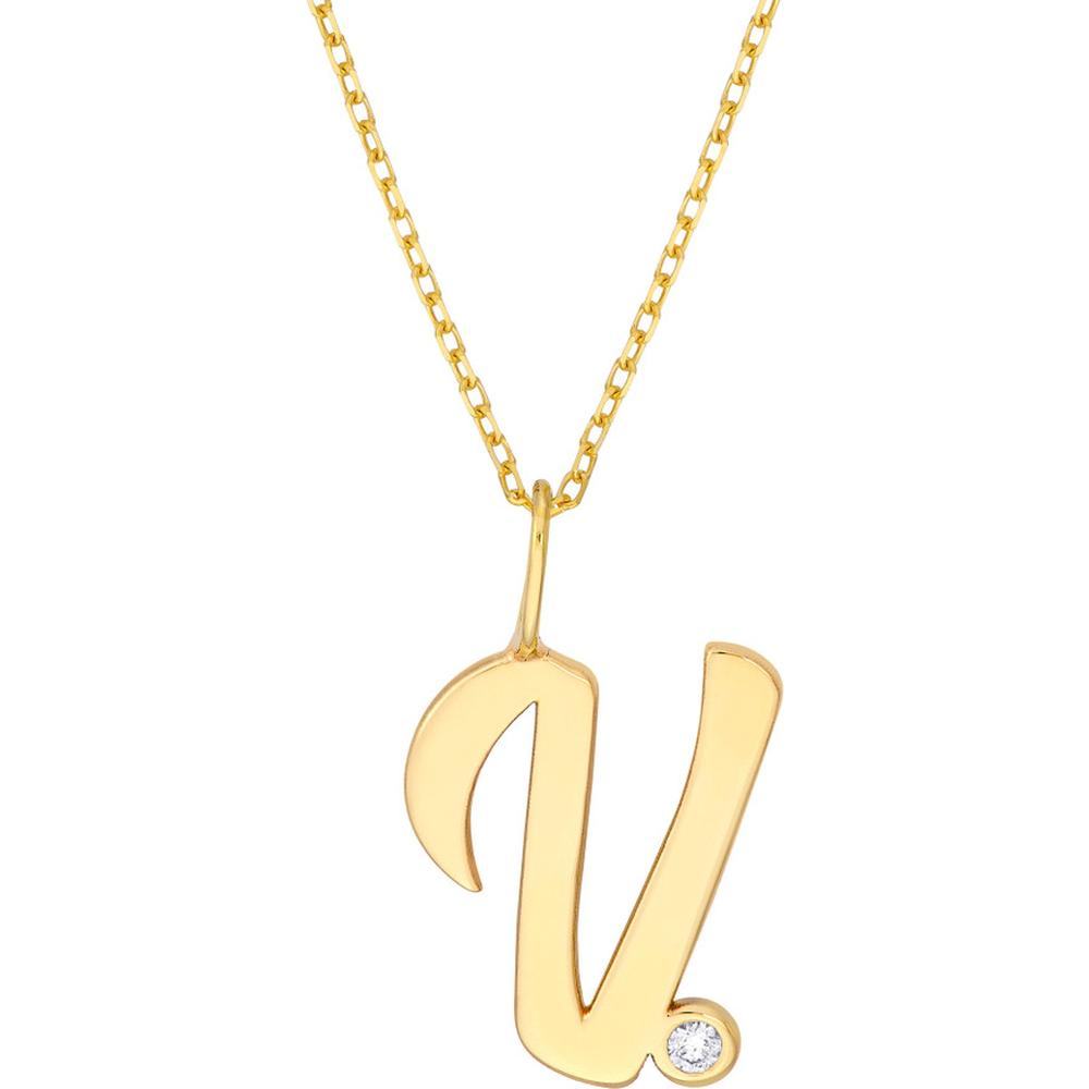 Olas d'Oro - 14K Yellow Gold Script 'V' Diamond Bezel Pendant Necklace - 0.02 Carat Diamond