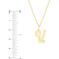 Olas d'Oro - 14K Yellow Gold Script 'V' Diamond Bezel Pendant Necklace - 0.02 Carat Diamond