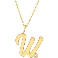 Olas d'Oro - 14K Yellow Gold Script 'W' Pendant Necklace with Diamond Bezel - 0.02 Carat Diamond