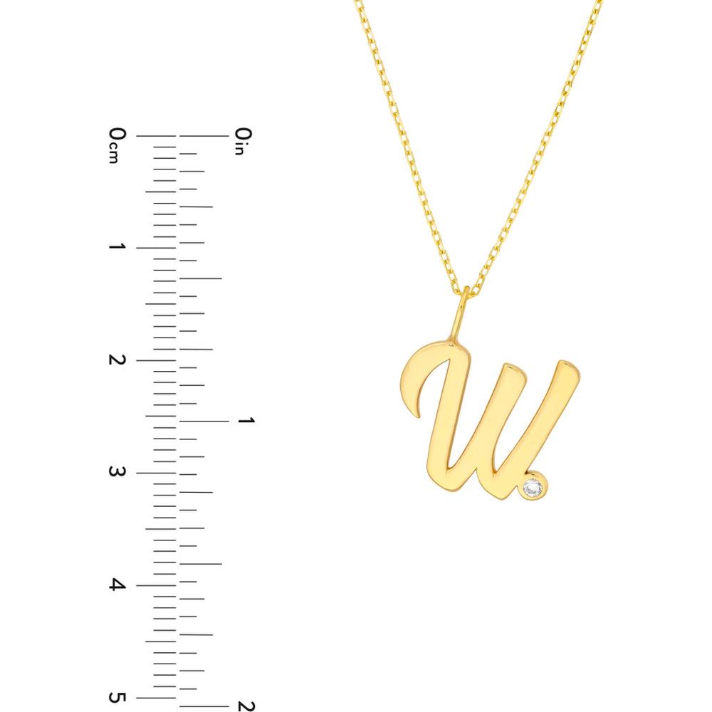 Olas d'Oro - 14K Yellow Gold Script 'W' Pendant Necklace with Diamond Bezel - 0.02 Carat Diamond
