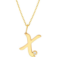 Olas d'Oro - 14K Yellow Gold Script 'X' Pendant Necklace with Diamond Bezel - 0.02 Carat Total Diamond Weight