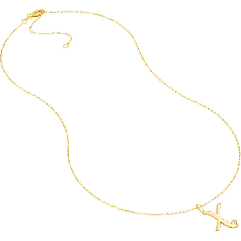 Olas d'Oro - 14K Yellow Gold Script 'X' Pendant Necklace with Diamond Bezel - 0.02 Carat Total Diamond Weight