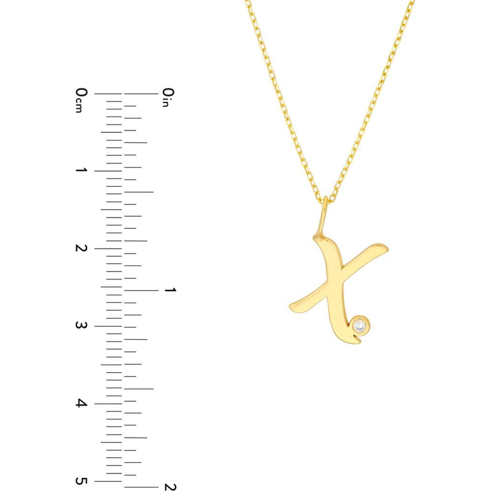 Olas d'Oro - 14K Yellow Gold Script 'X' Pendant Necklace with Diamond Bezel - 0.02 Carat Total Diamond Weight