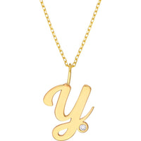 Olas d'Oro - 14K Yellow Gold Script 'Y' Necklace with Diamond Bezel - 0.02 Carat Total Diamond Weight