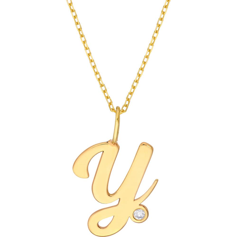 Olas d'Oro - 14K Yellow Gold Script 'Y' Necklace with Diamond Bezel - 0.02 Carat Total Diamond Weight