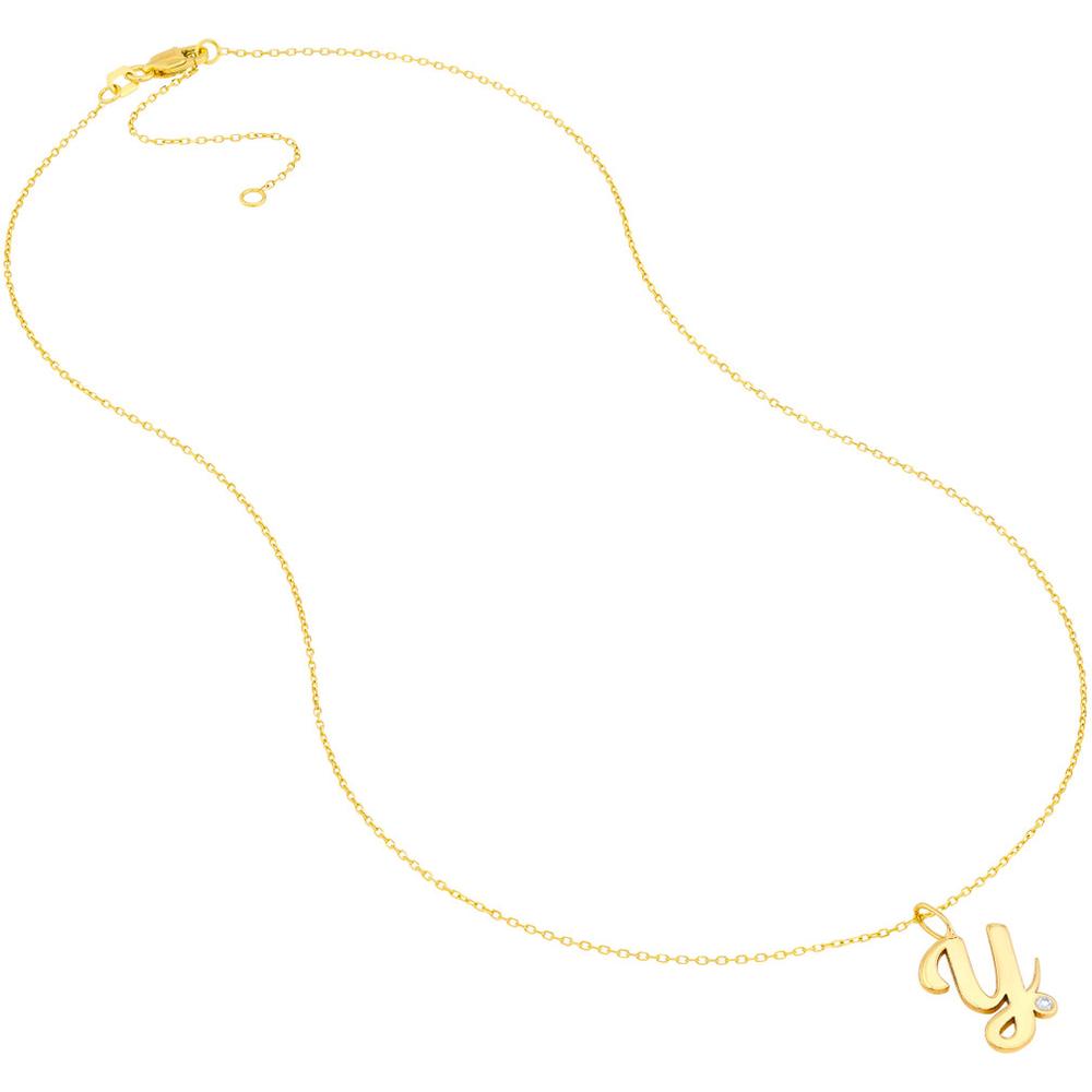 Olas d'Oro - 14K Yellow Gold Script 'Y' Necklace with Diamond Bezel - 0.02 Carat Total Diamond Weight