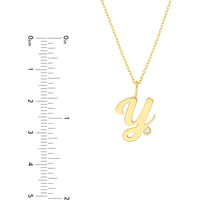 Olas d'Oro - 14K Yellow Gold Script 'Y' Necklace with Diamond Bezel - 0.02 Carat Total Diamond Weight