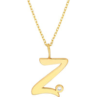 Olas d'Oro - 14K Yellow Gold Script 'Z' Pendant Necklace with Bezel-Set 1.7mm Diamond - 0.02 Carat Total Diamond Weight