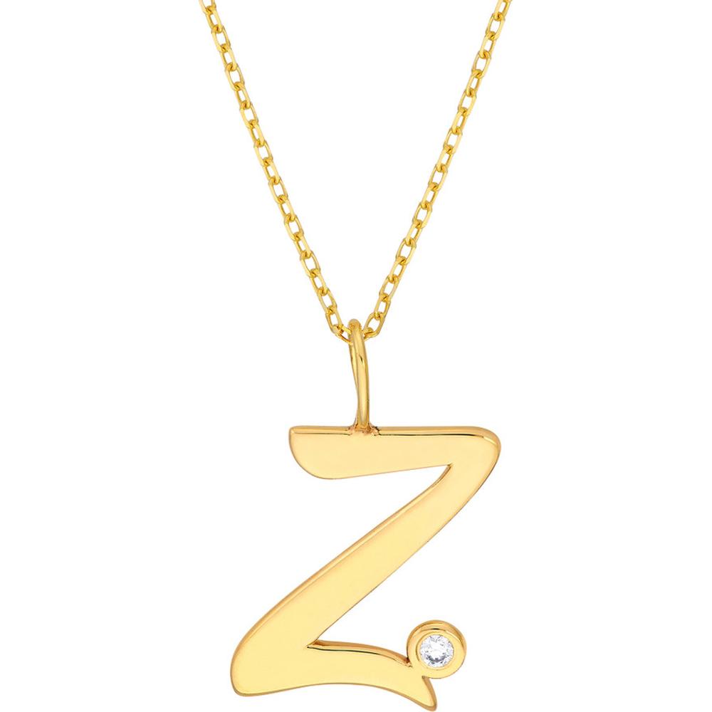 Olas d'Oro - 14K Yellow Gold Script 'Z' Pendant Necklace with Bezel-Set 1.7mm Diamond - 0.02 Carat Total Diamond Weight