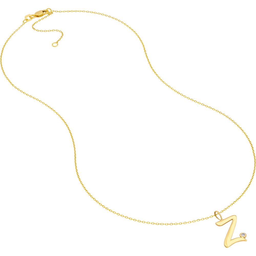 Olas d'Oro - 14K Yellow Gold Script 'Z' Pendant Necklace with Bezel-Set 1.7mm Diamond - 0.02 Carat Total Diamond Weight