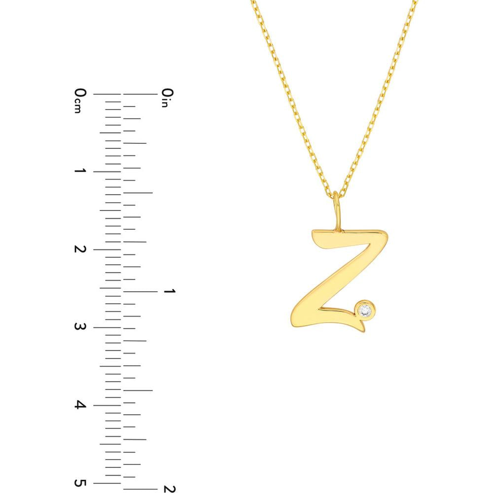Olas d'Oro - 14K Yellow Gold Script 'Z' Pendant Necklace with Bezel-Set 1.7mm Diamond - 0.02 Carat Total Diamond Weight