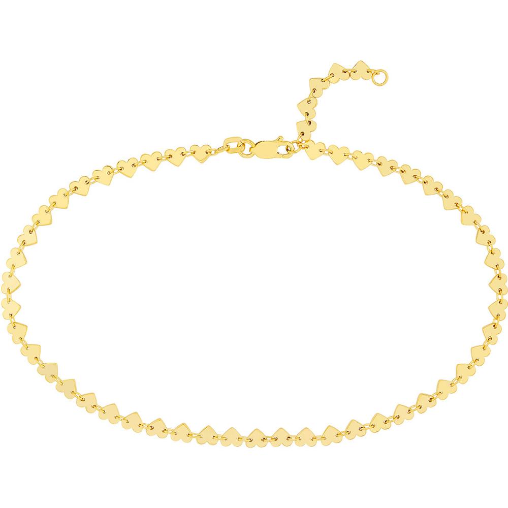 Olas d'Oro - 14K Yellow Gold Side by Side Heart Station Anklet - Adjustable 9-10 Inches